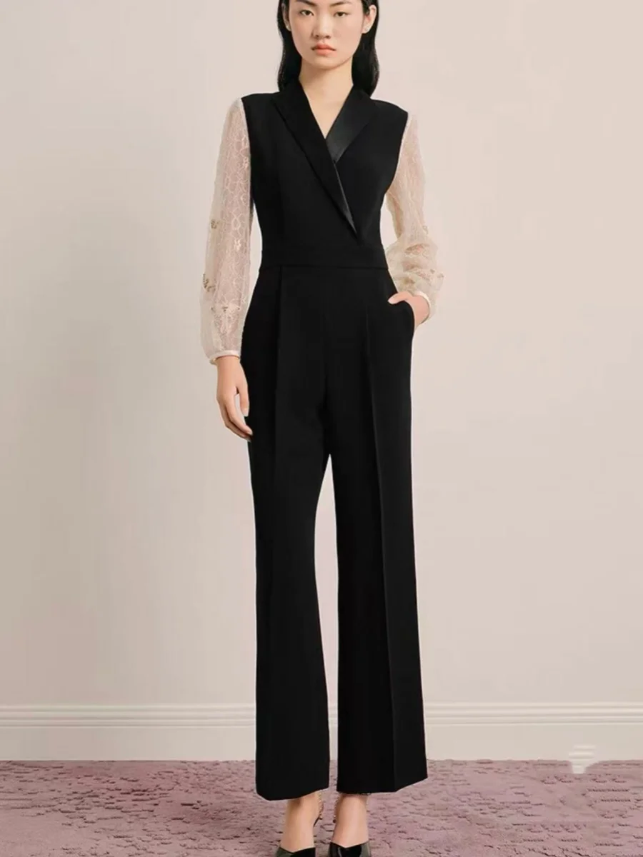 

Женский комбинезон из ацетатной ткани с воротником, украшенный бисером, с тонкими рукавами из фатина, с завышенной талией, прямые брюки, для офиса