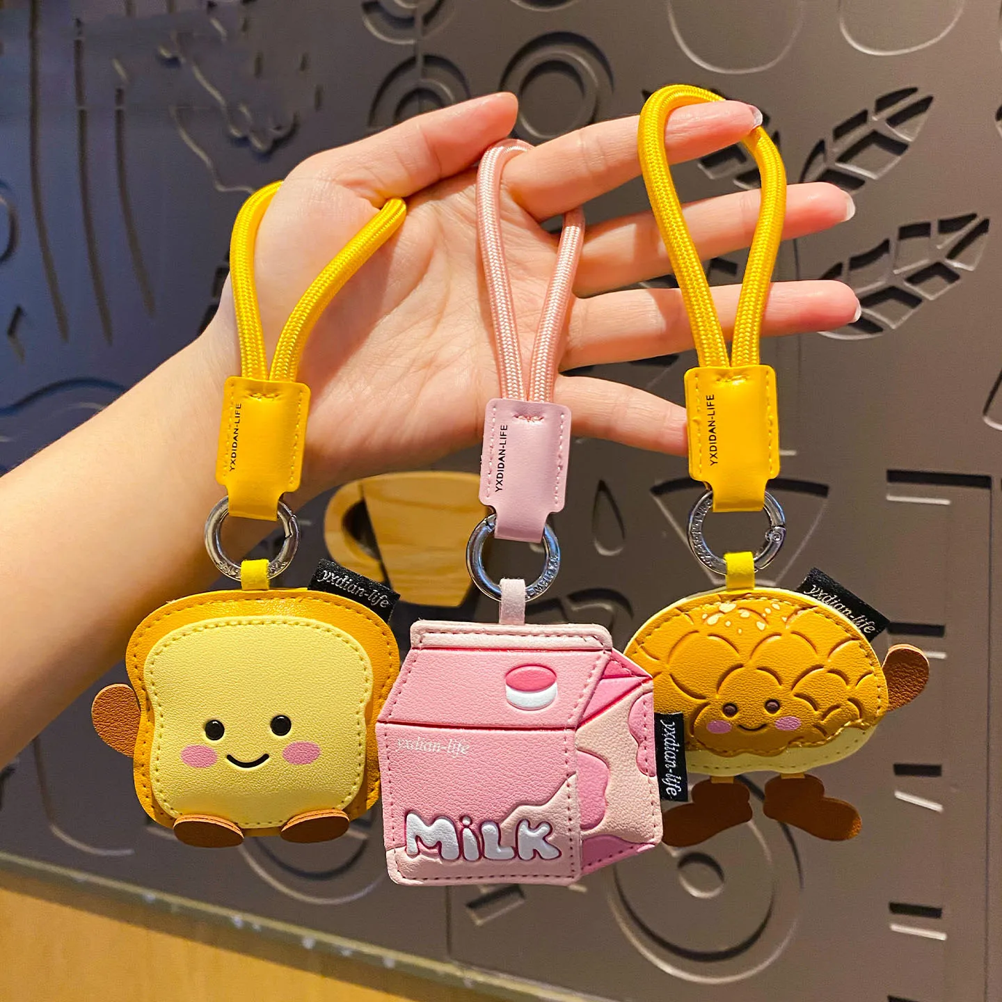 Cartoon Food Series Pink Box Milk Silver Ring Buckle Key Chain Cute Leather Pineapple Bag Toast Doll Bag Pendant Car Keychain