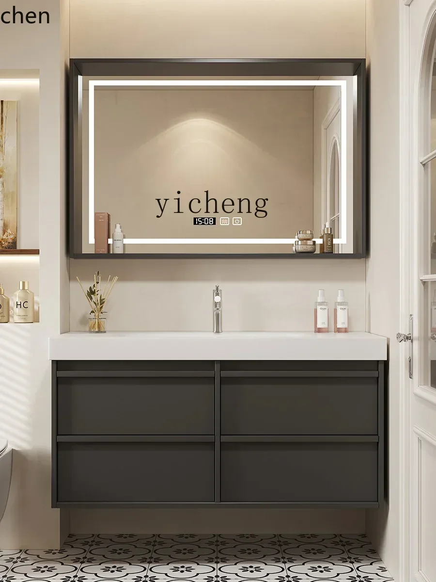 

HT ceramic integrated basin rubber wood paint-free medium antique walnut hanging bathroom cabinet