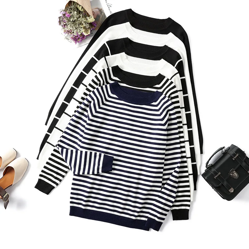 

Loose Fit Knitted Long Sleeve round Neck Striped Base Shirt Slimming Anti-Aging Trendy Autumn Winter Top for Women