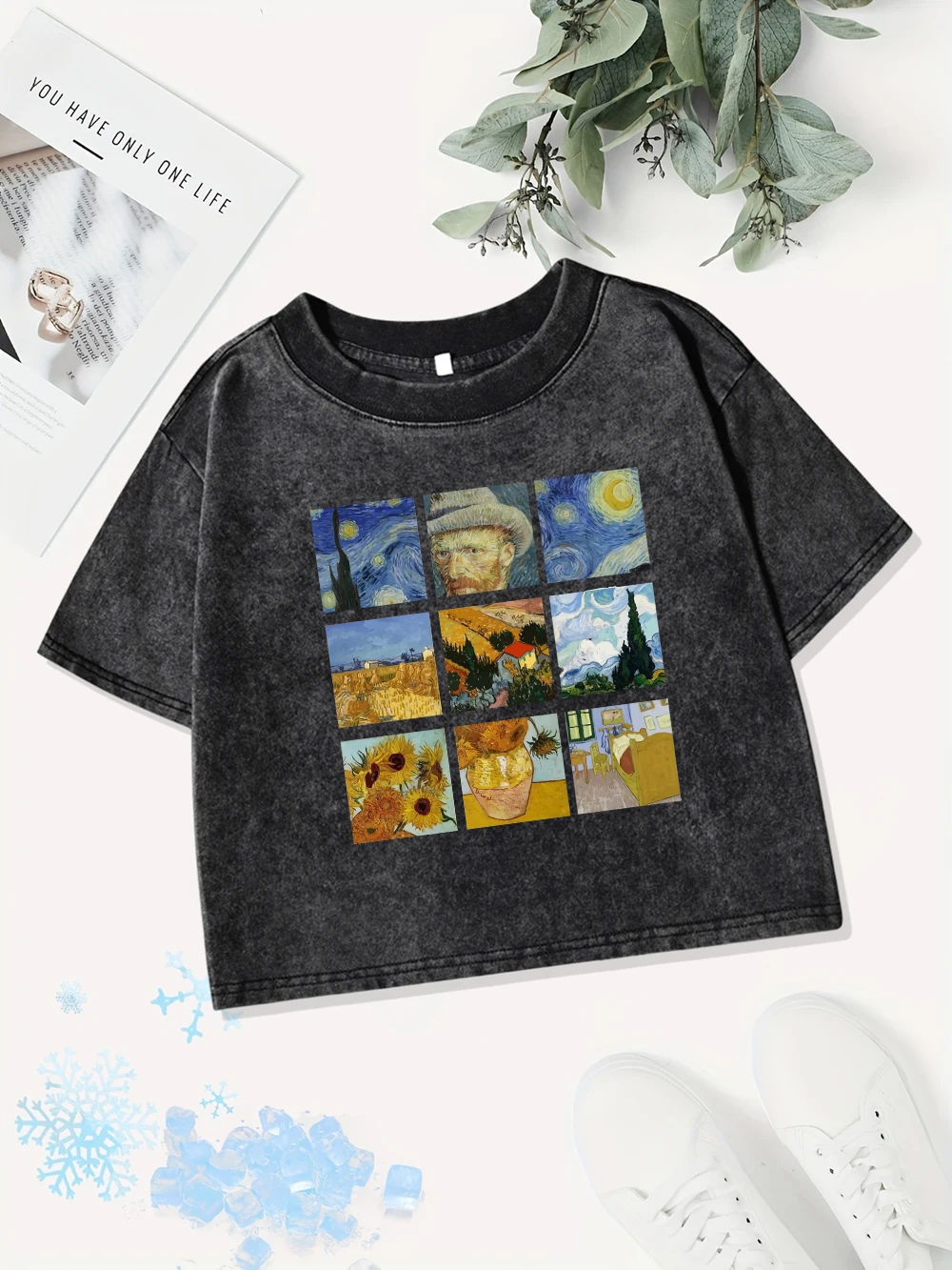 Sexy Cotton Crop Tops Women Van Gogh'S Starry Night Sunflowers Prints Washed T-Shirt Y2K O-Neck Regular Fit Tees Summer Clothes
