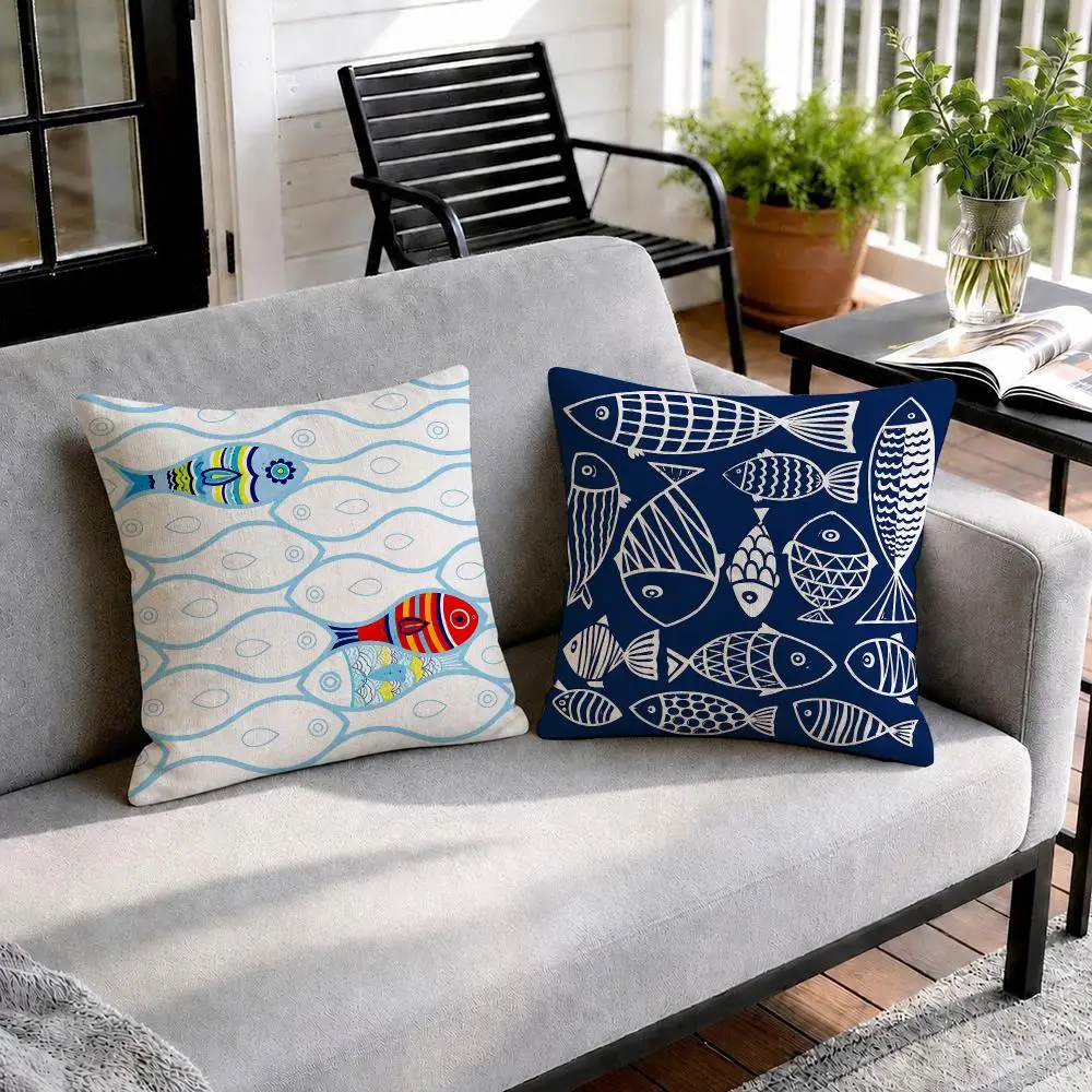 Cute Fish Seamless Cushion Cover Natural Linen Organic Fabric Double-Sided Printing Sofa Home Decor Gift Pillow Cover