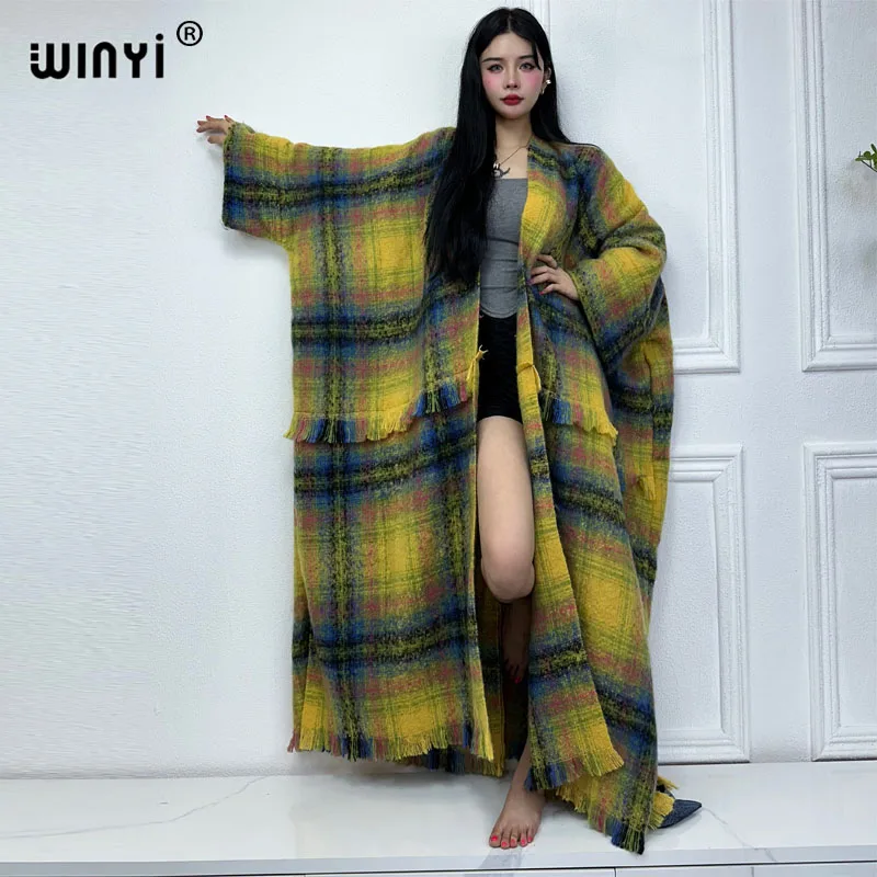 

WINYI winter Africa coat for women Plaid print tassel Luxury Long Fur Loose OverCoat Thick Warm long down coat fashion jacket