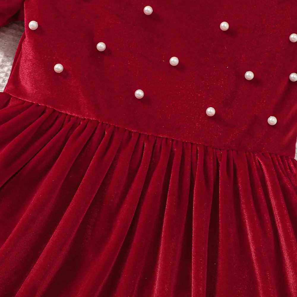 1-6Y Christmas Baby girl dresses Princess Lantern Sleeve Red Velour Dress Pearls Bow Decoration Dress Party dress