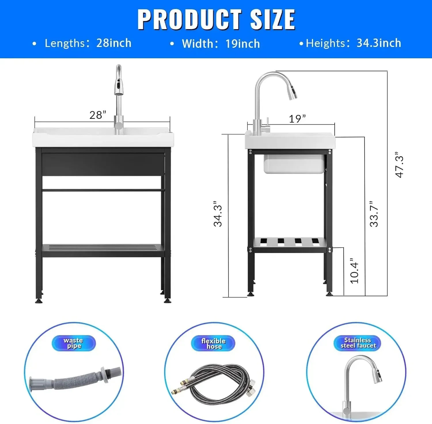 Laundry Room Sink Ceramic Utility Sink Freestanding Washboard Faucet Hoses Drain Kit Basement Outdoor Indoor