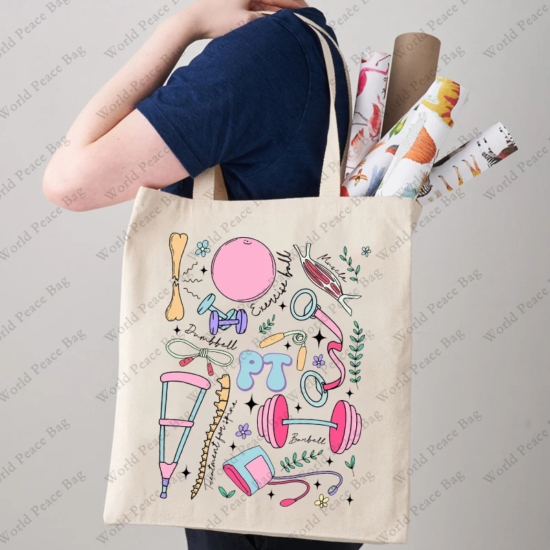 1pc PT Can\'t Talk Right Now Doing Physical Therapy patternTote Bag Canvas Shoulder Bag For Women\'s Reusable Shopping Bag