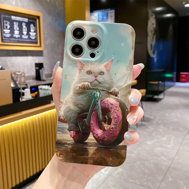 Suitable for IPhone 16 15 14 13 12 11 Pro Max Plus Creative Cartoon Cute Cat Donut Motorbike Anti-fall All-inclusive Phone Case