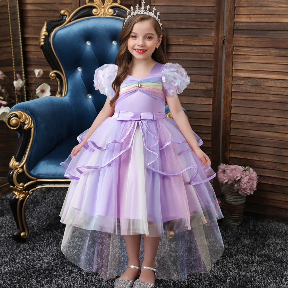 Embroidery Girl Kid's Dress Lace Flower ​Girl Dresses For Weddings Button Puff Sleeve Child Birthday Gown OccasionGala Gown