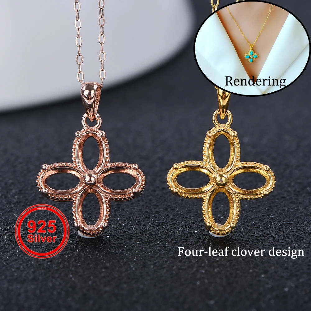 

4*6mm Oval Pendant Setting, Simple Four-Leaf Clover Design, S925 Sterling Silver Material, Suitable for Handmade DIY Jewelry