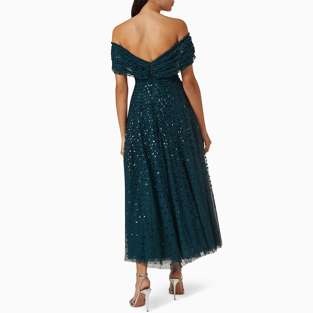 Abito da sera in tulle con paillettes scintillanti Abiti da cerimonia moderni personalizzati con spalle scoperte Abiti da festa formali con cerniera sul retro