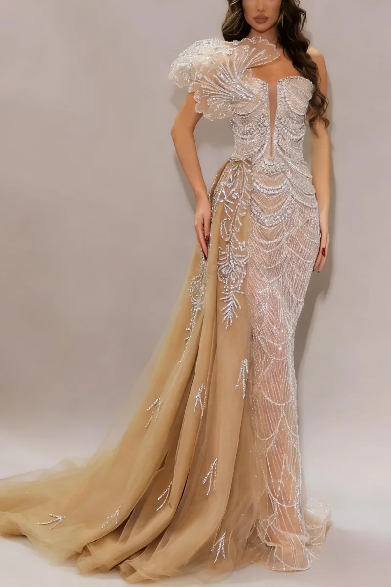 

Русалка с жемчугом и бисером, длинные платья для выпускного вечера, цветочные вечерние платья для дня рождения, шампанское, арабское вечернее платье по индивидуальному заказу, 2025 г.