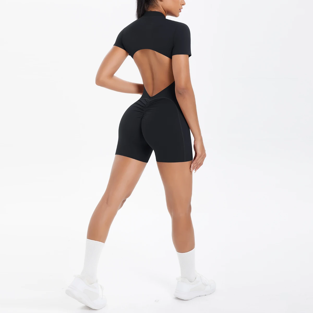 Ausgehöhlter, rückenfreier, kurzärmliger Reißverschluss-Overall für Damen, Overall, Yoga-Anzug, einteilige Legging, kurze Push-Up-Gymnastik-Yoga-Kleidung – Detail 37