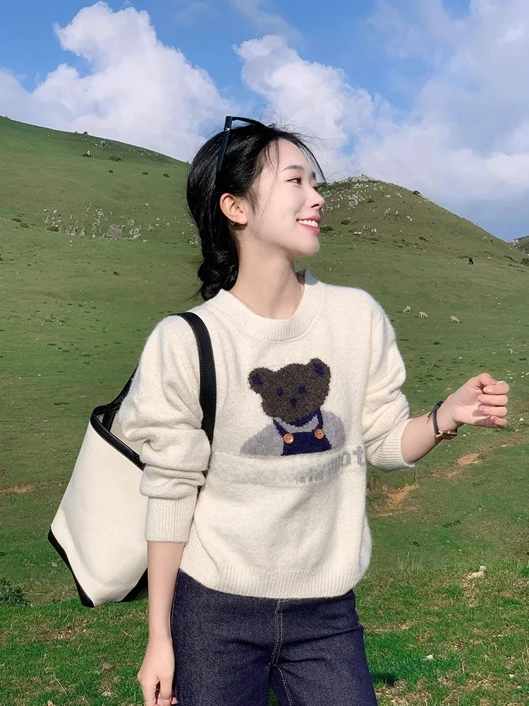 

Korean Sle White round Ne Bear Sweater Women's New Autumn Winter Knitted Top Soft Faion Commute Loose Fit Long Sve