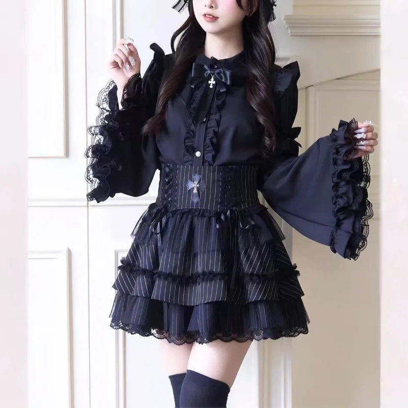 

Japanese Jirai Kei Lolita Harajuku Lace Patchwork Blouse Y2k Stripes Skirt for Women Gothic Flare Sleeve Shirt JK Uniform