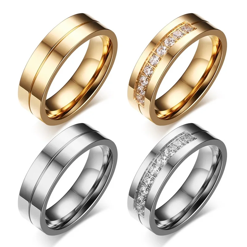 Trendy Wedding Bands Rings for Women / Men Love Gift Gold Silver-color Stainless Steel CZ Promise Couple Charm Jewelry Wholesale