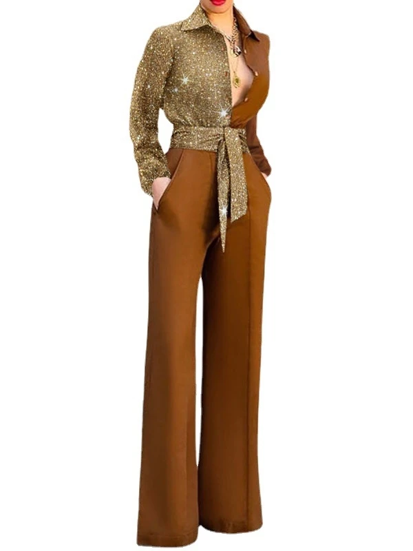 Tuta casual sexy V-ne da donna a vita alta Street Sle Pantaloni a gamba larga Abito intero a maniche lunghe in tessuto di poliestere