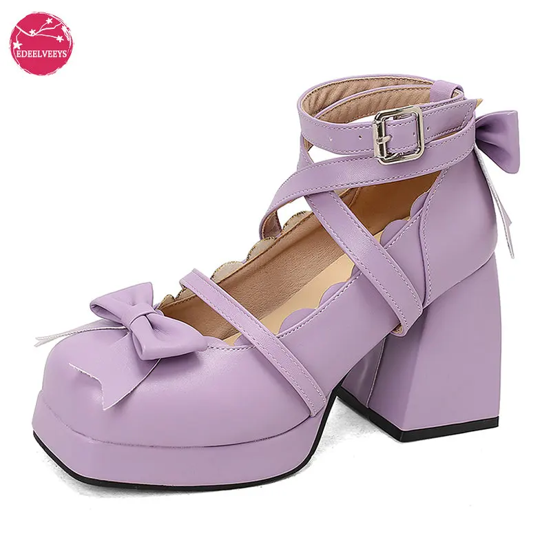 

Women's Cute Bow Chunky Heel Thick Sole Lolita Platform Mary Jane Shoes Ankle Strap Square Toe PU Leather Dress Pumps Plus Size