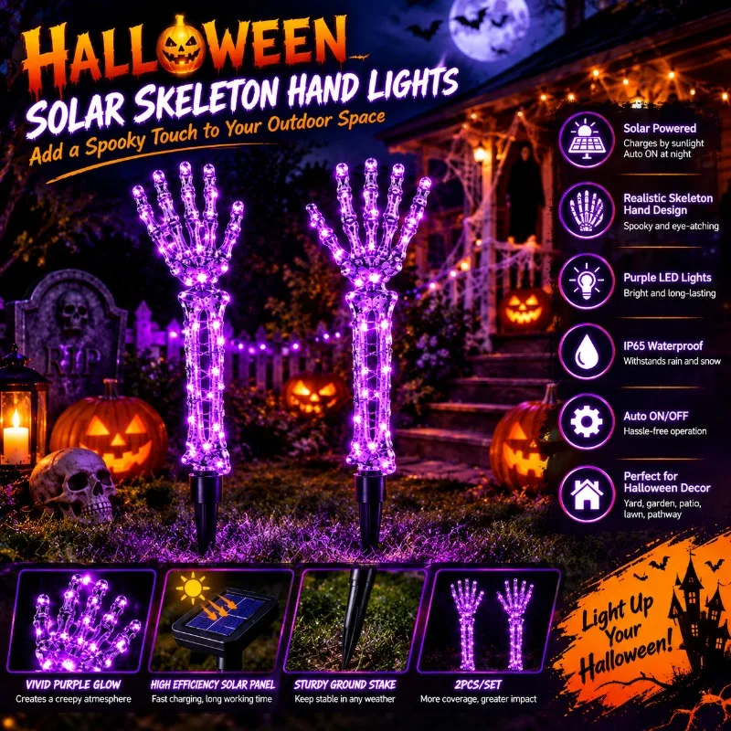 2PC Solar Halloween Skeleton Hand Stake Light Purple LED Lawn Lamp Outdoor Waterproof Garden Yard Graveyard Spooky Decoration