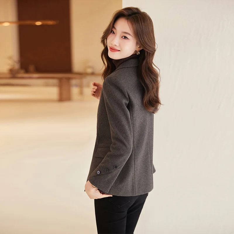 Autumn Winter Outerwear Women Blazer Ladies Single Button Long Sleeve Woolen Suit Jacket Loose Formal Coat Female Casual Tops