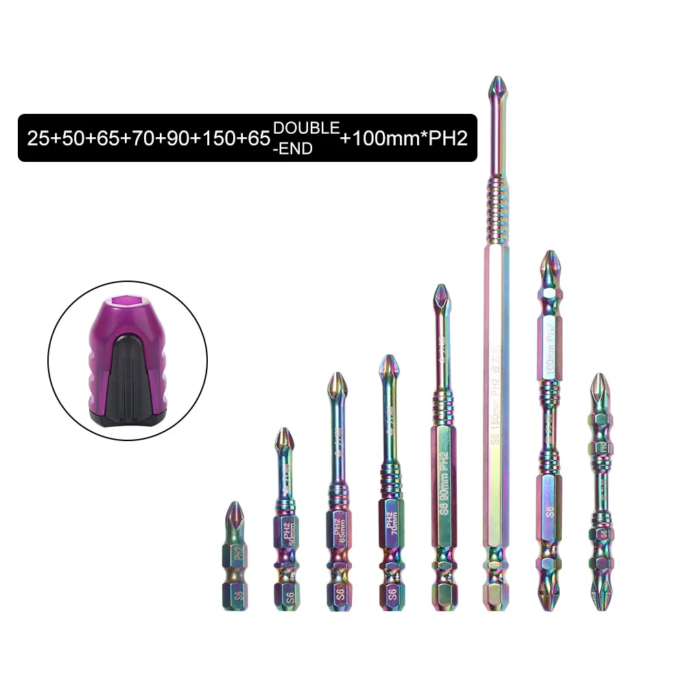 6/8PCS S6 Colorful Titanium Magnetic Batch Head High Hardness Precision Cross Screwdriver Bits Ph2 Impact