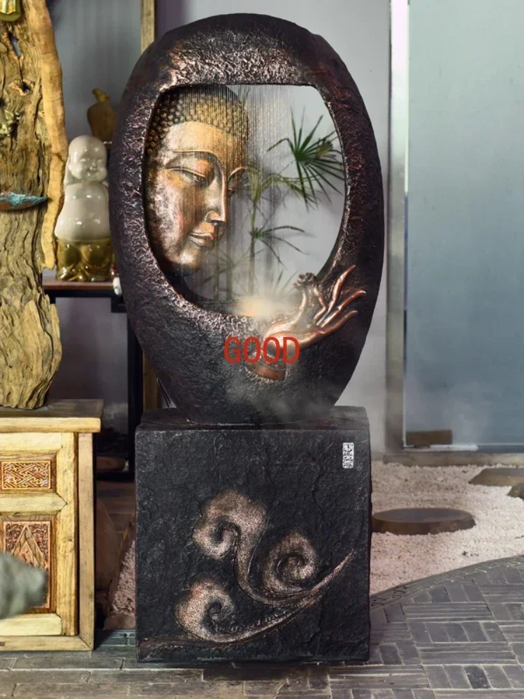 Buddha Statue Water Fountain Lucky Decoration Floor Waterscape Buddha Head Living Room Water Purifier Decoration