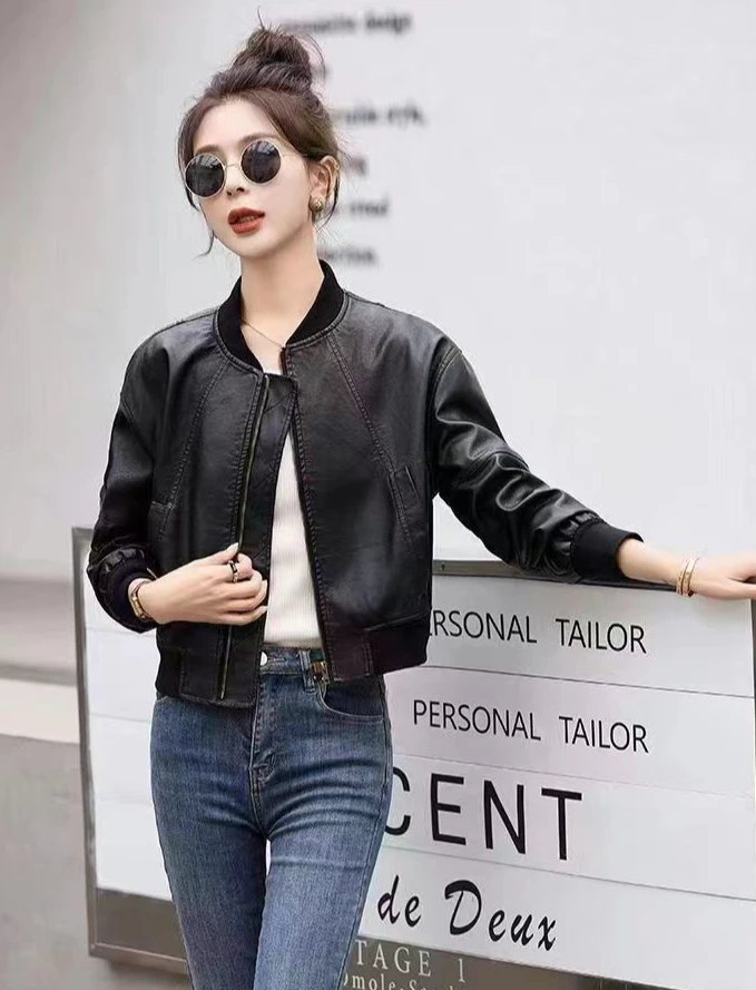 Hot Short Bomber Jacket for Women Spring Autumn Brown PU Leather Baseball Aviator Coat Woman Harajuku Pretty Luxury High Quality