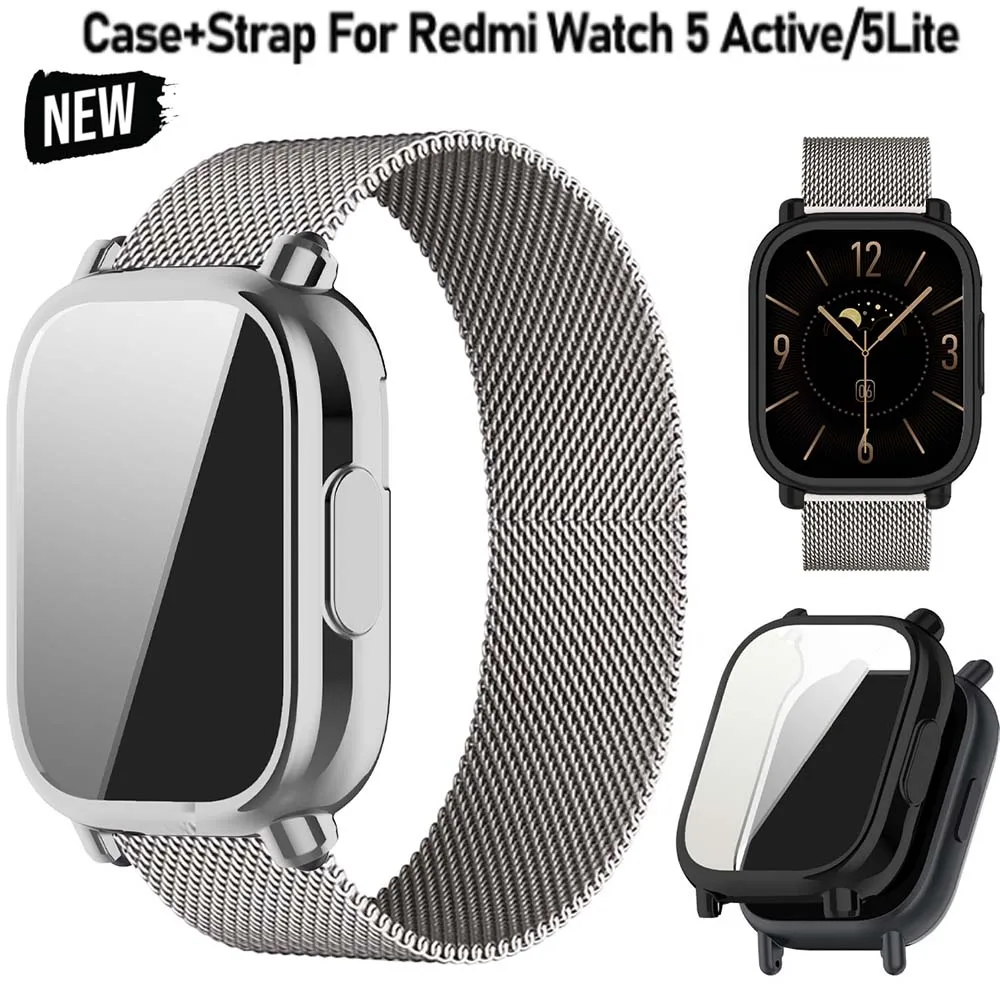 حزام شبكي ميلانيزي لساعة Redmi 5 Active مع حافظة واقي شاشة Redmi Watch 5 Lite ملحقات سوار الساعات