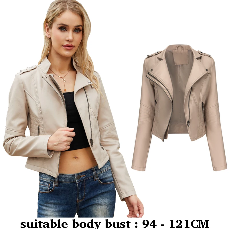 

high quality women short slim leather jacket zipper turn collar motorcycle jacket 2025 autumn winter elegant clothes black pink