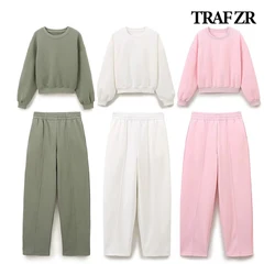 TRAF ZR Basic Elegant Two Piece Sets Matching Sets Ladies Suit Combi-pants O-neck Sweatshirt Sets High Waist Straight Leg Pants