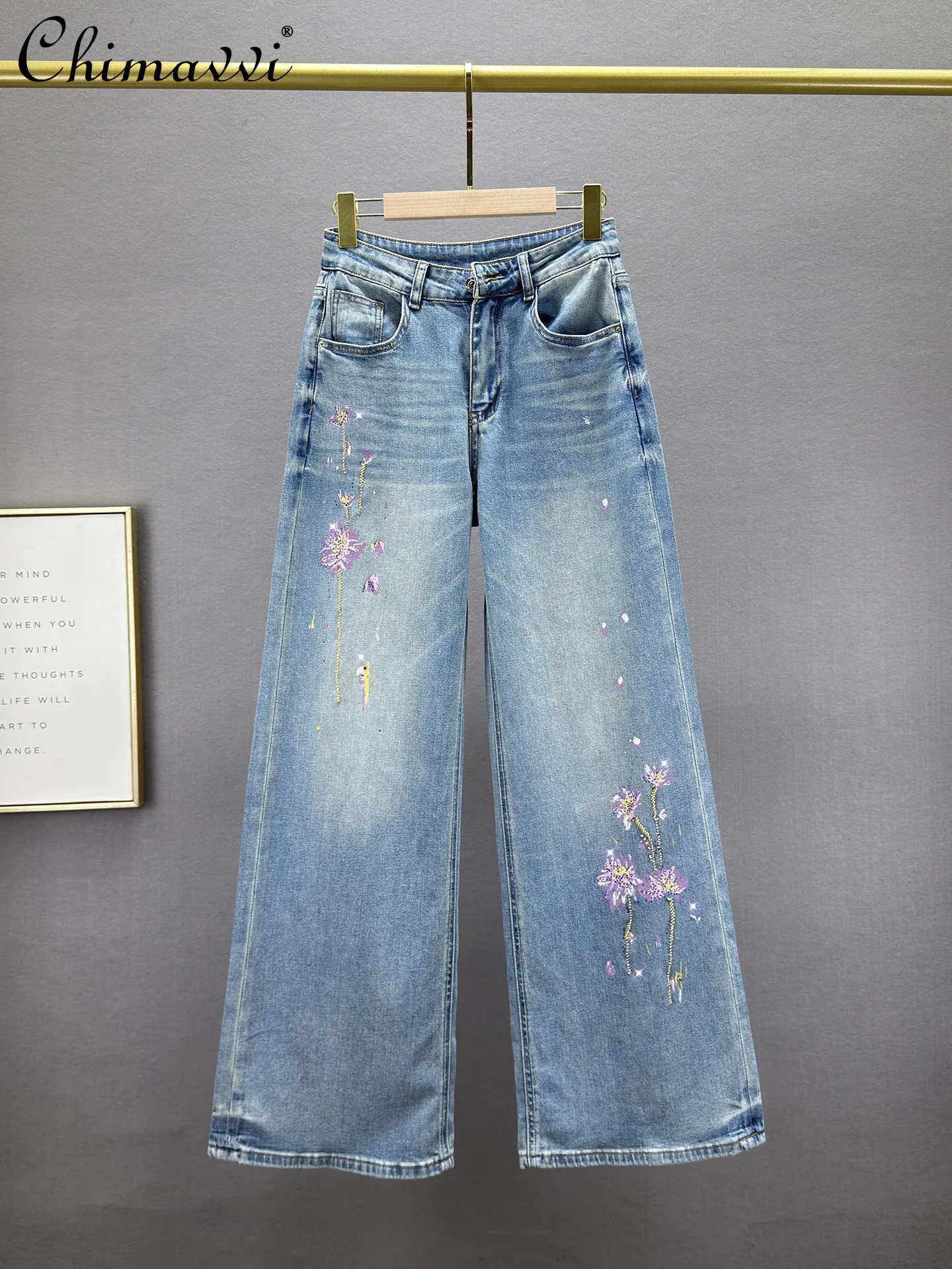 

Heavy Printing Hot Diamond Denim Loose Pants Women's 2026 Spring New High Waist Jeans Loose Slimming Retro Old Long Pants