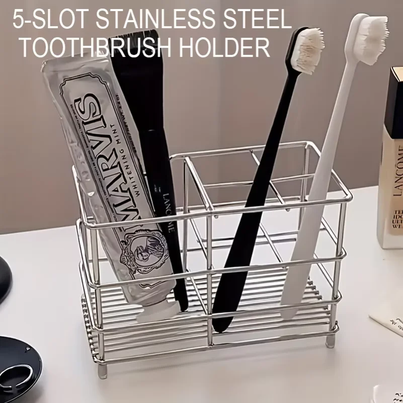 5-Slot Stainless Steel Toothbrush Holder - Space-Saving Freestanding Design No Installation Required Ideal for Bathrooms