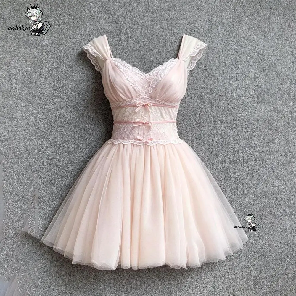 

2026 French Gentle Women's Wind Lace Sling Bow Pink Sling Dress Summer New Temperament Waist Slim Fluffy Princess Dress Female