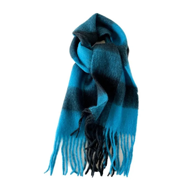 Women Mohair Blend Plaid Scarf Thick Tassel Warm Shawl Versatile Autumn Winter Neck Wrap For Daily Outfit