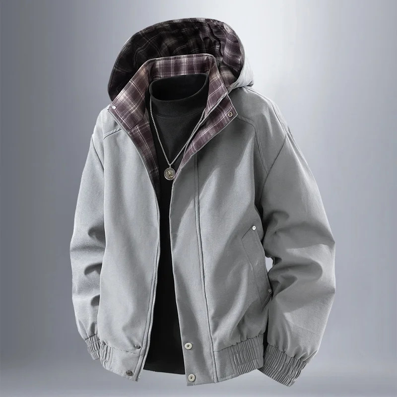 

Retro American Plaid Jaet Men's Spring Autumn Loose Casual Baseball Sle Outerwear Polyester Fiber Windproof Hooded Zipper