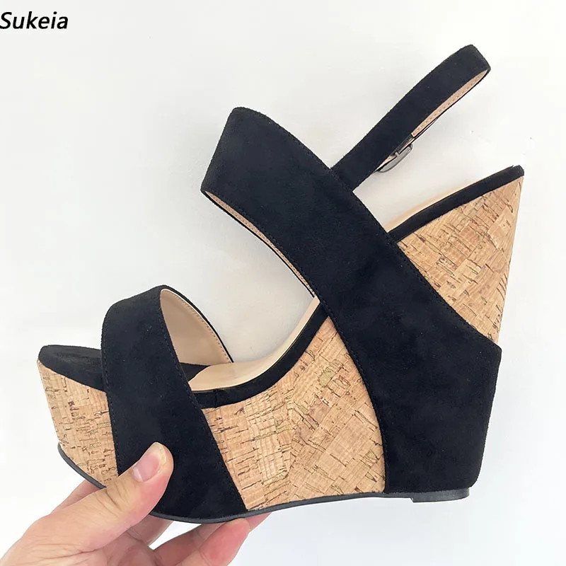 

Sukeia Handmade Women Platform Sandals Wedges Heels Round Toe Elegant Black Party Shoes Ladies US Plus Size 5-20