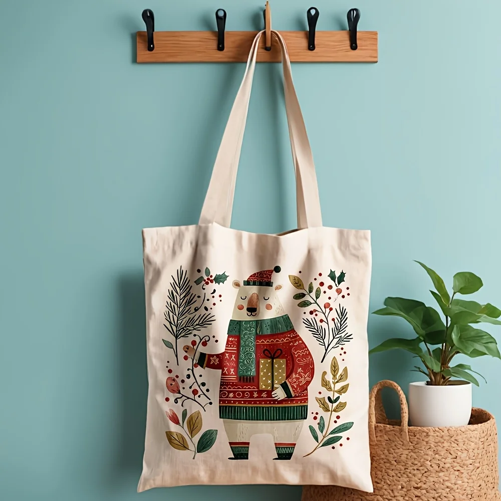 Scandinavian Folk Art Snowman Canvas Tote Bag Nordic Christmas Botanical Print Large Capacity Shoulder Bag Shopping Handbag