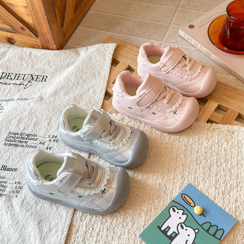 Kids'Casual Shoes PU Leather Flower Color Blocking Autumn Flat Shoes For Children Anti-slip Breathable Silver Pink Size 22-31