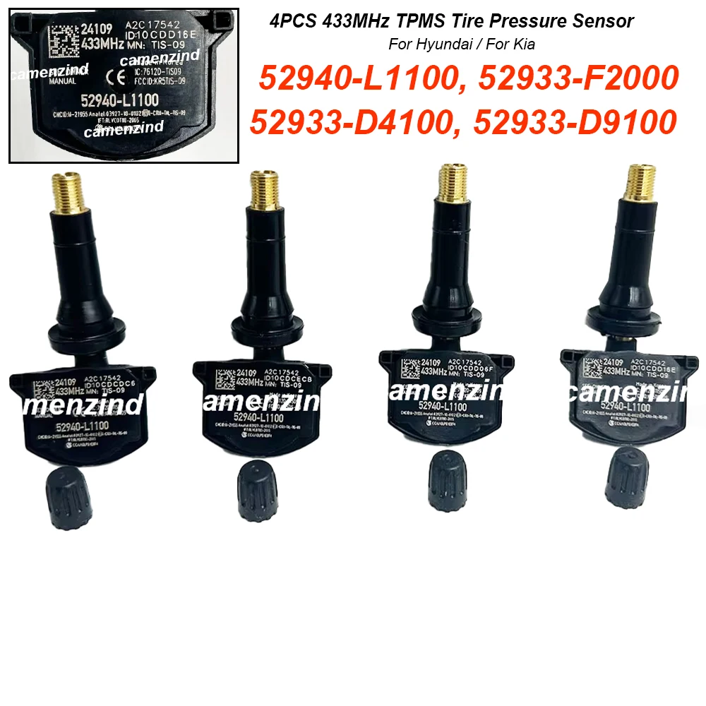 Sensor TPMS de 4 piezas 433MHz 52940-L1100 52933-F2000 52933-D4100 52940-AR100 52933-D9100 52940-T6000 52940L1100 para Hyundai/KIA