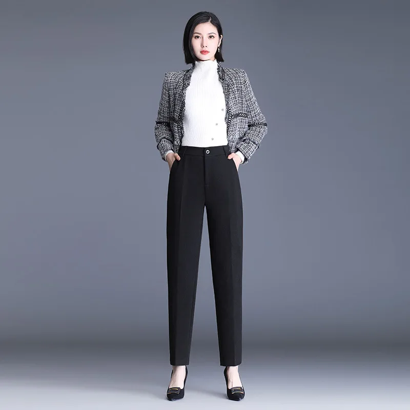 กางเกงขายาวทรงตรงเอวสูงสำหรับผู้หญิง รุ่น PT-593 ผ้าขนเป็ดขาว 90% สีดำ เหมาะสำหรับใส่ทำงาน