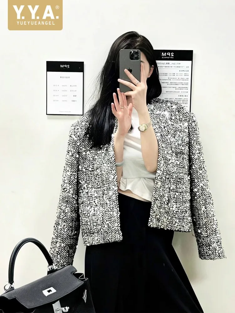 2025 New Designer Female Sequins Tweed Jackets Elegant Office Lady Fashion Work Short Coats Pocket Shiny Party Chic Outerwear
