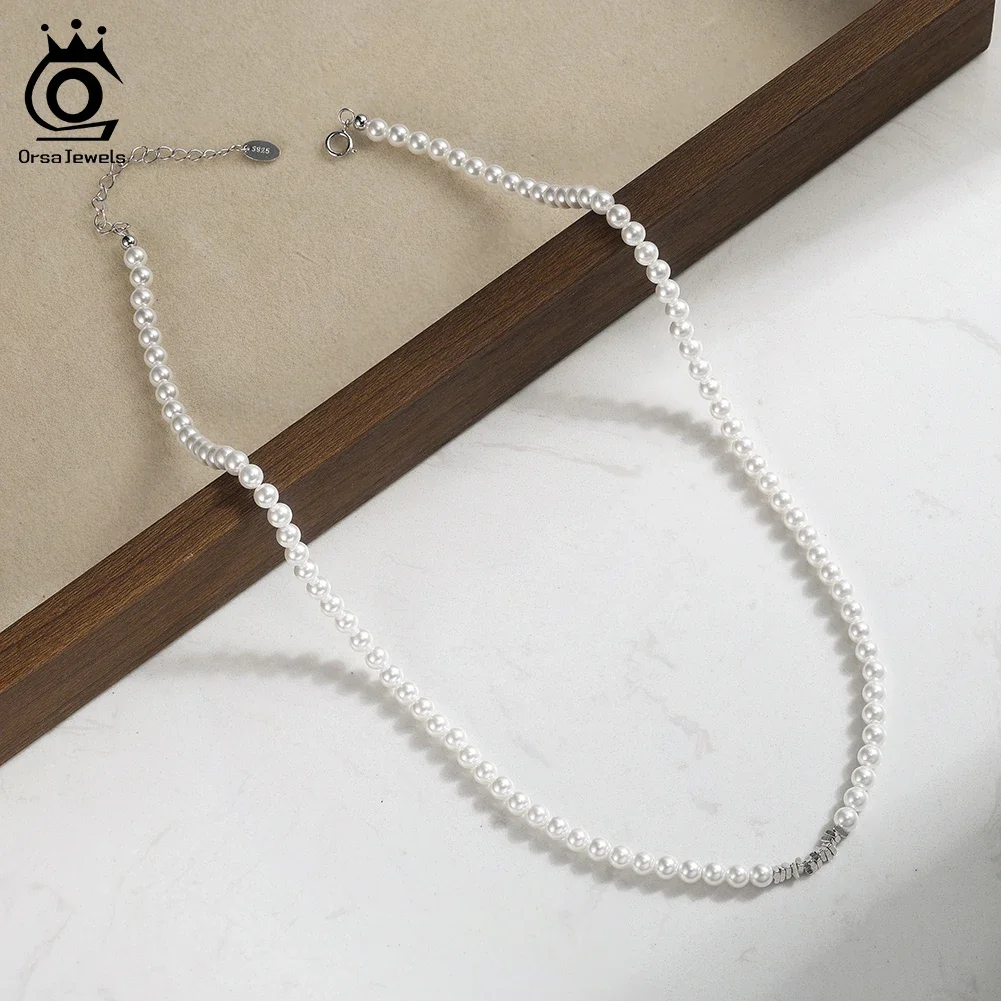 

ORSA JEWELS Elegant 925 Silver Round Shell Pearl Beads Necklace for Women Vintage Choker Neck Chain Daily Jewelry PSN09