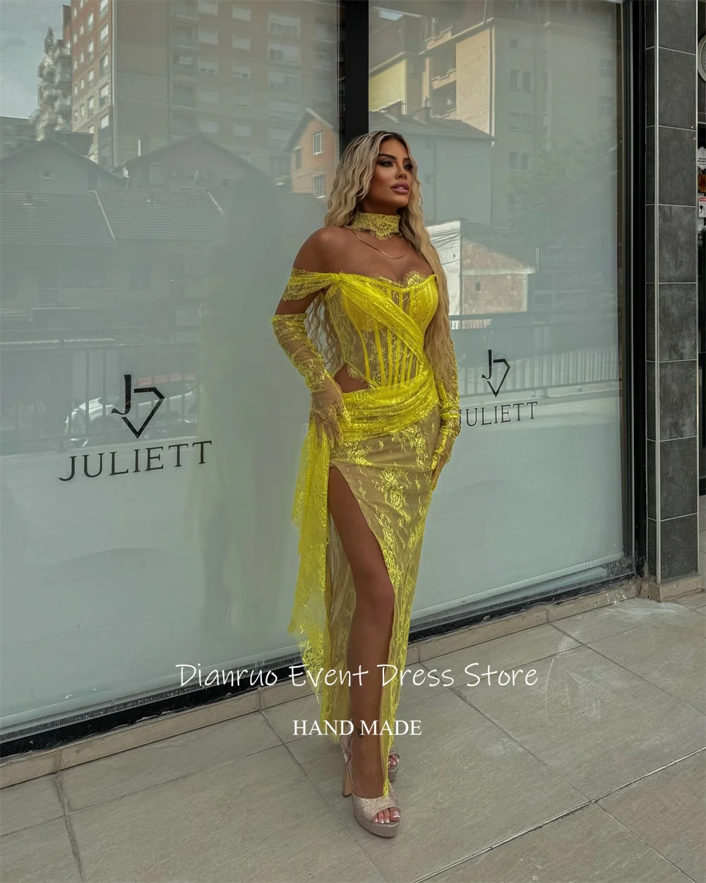 Dianruo Яркие желтые вечерние платья с высоким разрезом Асимметричные аппликации Vestidos De Fiesta Гламурные кружевные платья для выпускного вечера по индивидуальному заказу