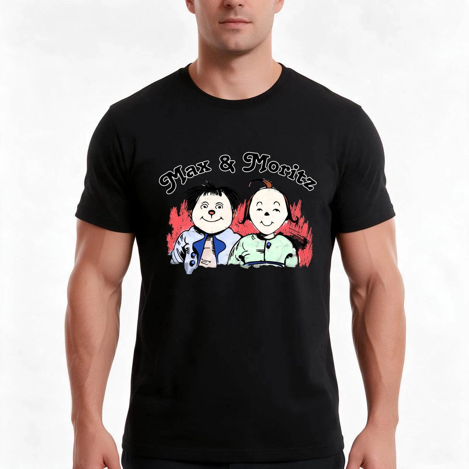delight children and adults.The design by Mallybeau Mauswohn shows the well-known portrait of Max and Moritz. Colorfully T-Shirt