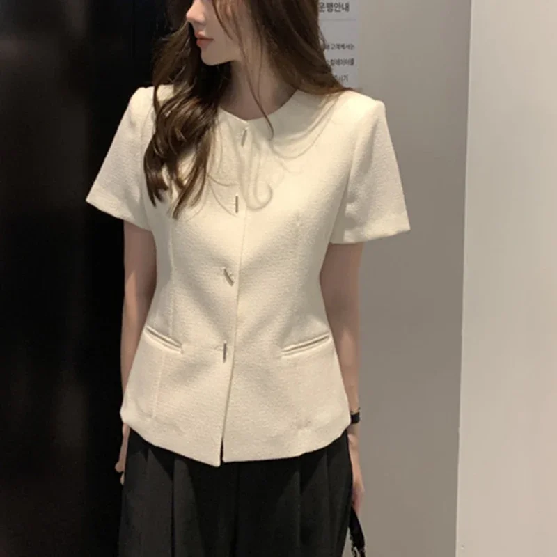 معطف أنيق على الطراز الفرنسي للنساء عتيق ذو نهاية عالية ورقبة دائرية يناسب الجميع في الصيف للتخسيس وأكمام قصيرة للسيدات #3