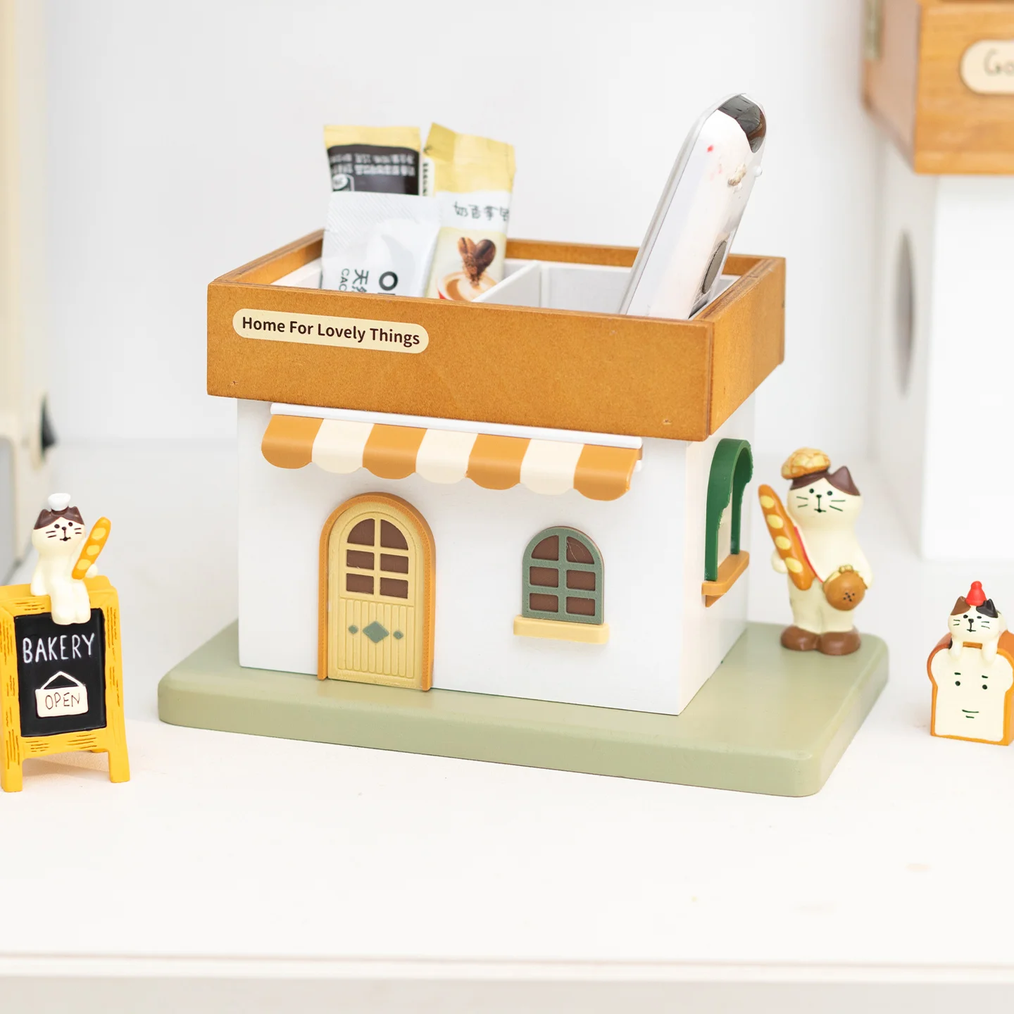 Cartoon House Wooden Storage Box Pen Holder Home Office School Makeup Brushes Stationery Organizer Study Desk Decor Gift