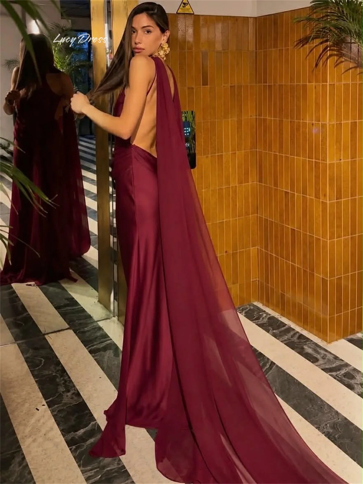 Lucy Burgundy Evening Dresses Straight High Sleeveless Prom Dress Dramatic Watteau Cape Keyhole Cutout Draped Long Customized