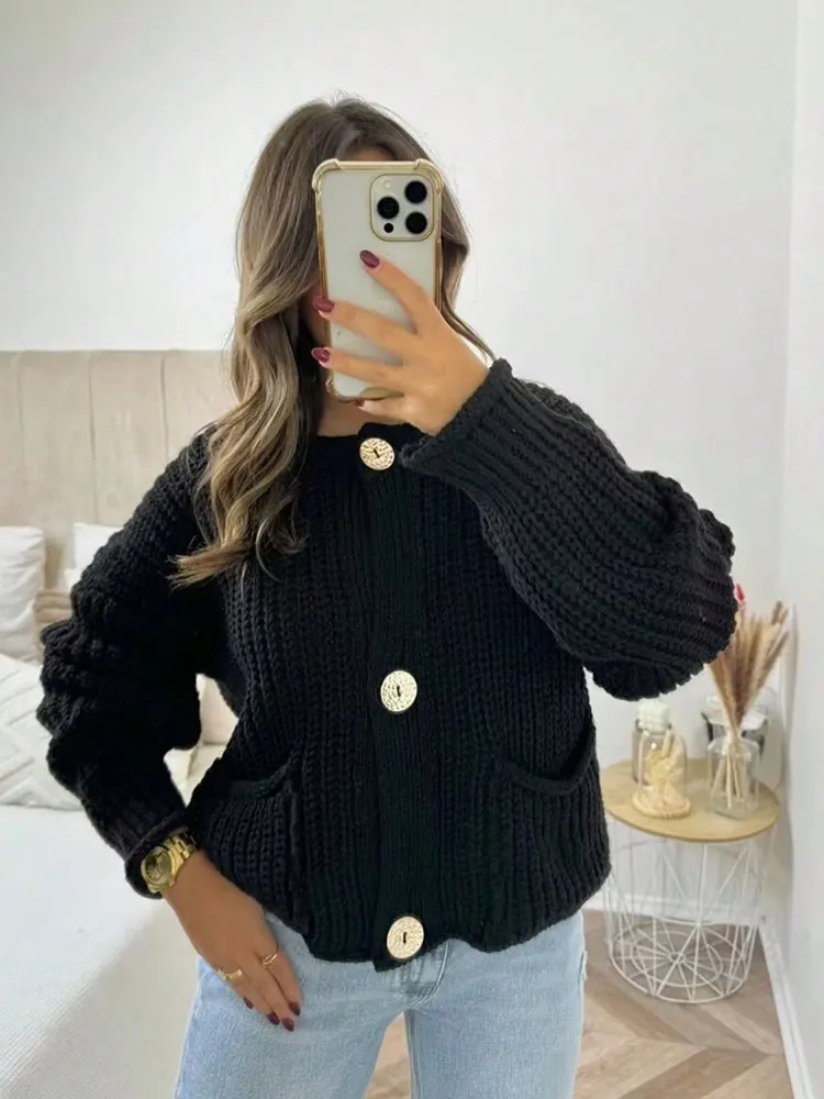 HH Autunno Donna Cardigan lavorato a maglia Bottoni in metallo O Collo Maglione a maniche lunghe con tasche Casual Office Lady Capispalla Top