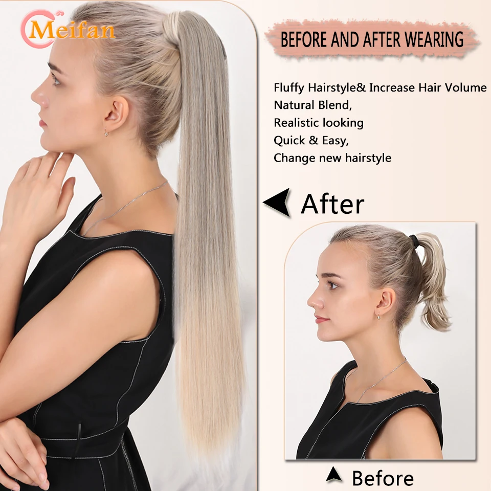 MEIFAN Long Straight Hair Ponytail Synthetic False Ponytail with Elastic Rubber Band Extension Natural High Ponytail Hairpiece