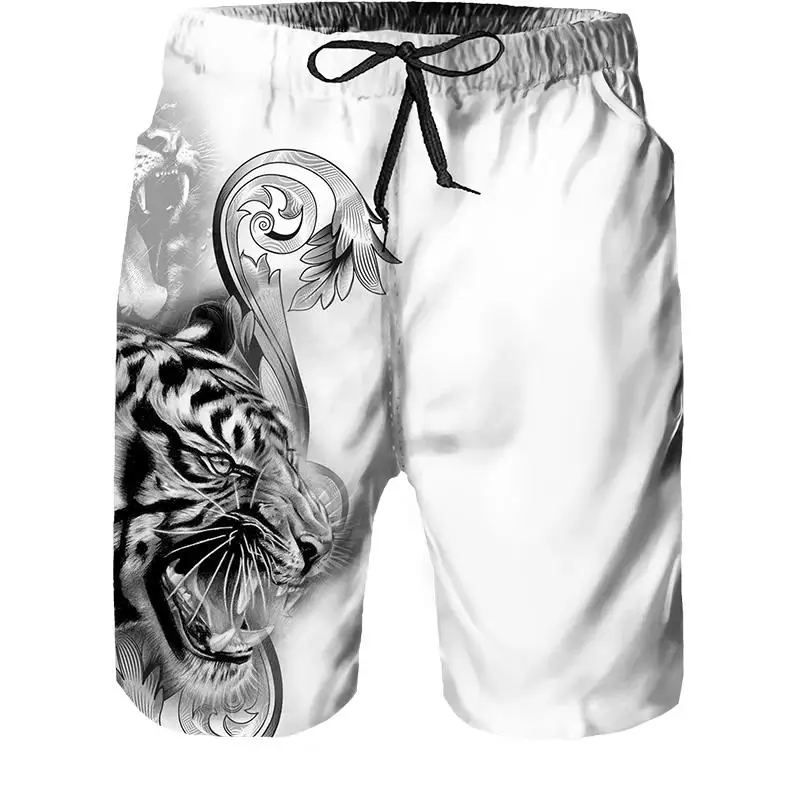 2024 Summer New Men Beach Shorts Casual Cool Animal 3d Print Tiger Short Pants Running Trunks Breathable Pockets Swimwear