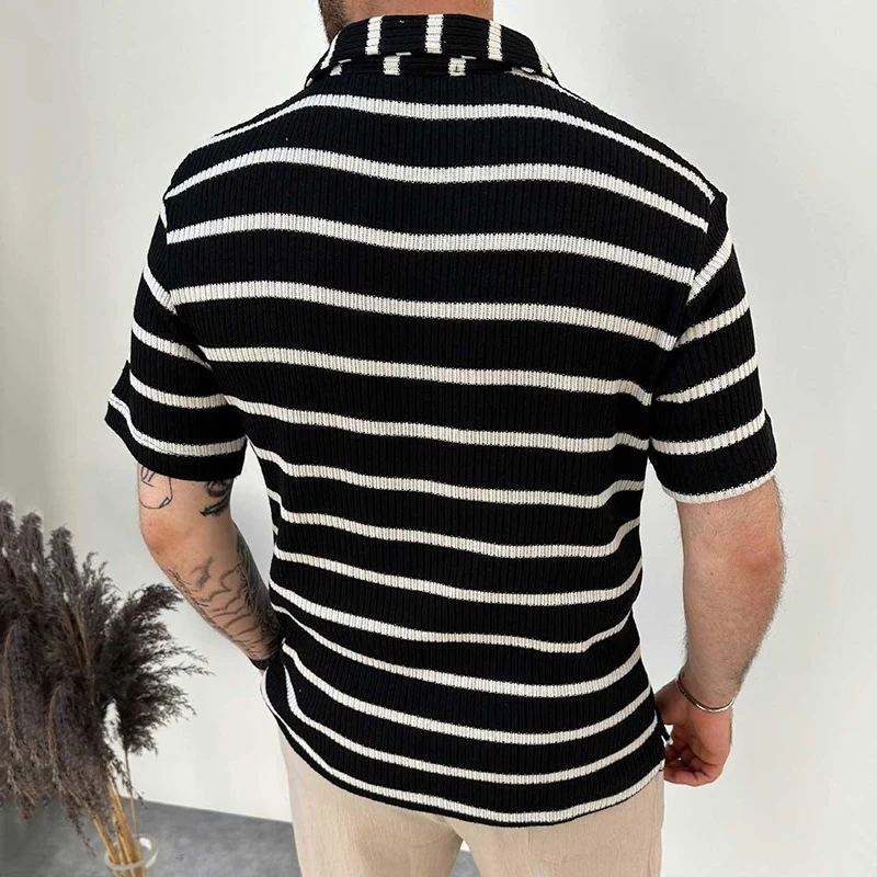 Knitting Mens Polo Shirt Stylish Striped Patchwork Polo Collar T Shirts Men 2024 Summer New Casual Breathable Short Sleeve Polos